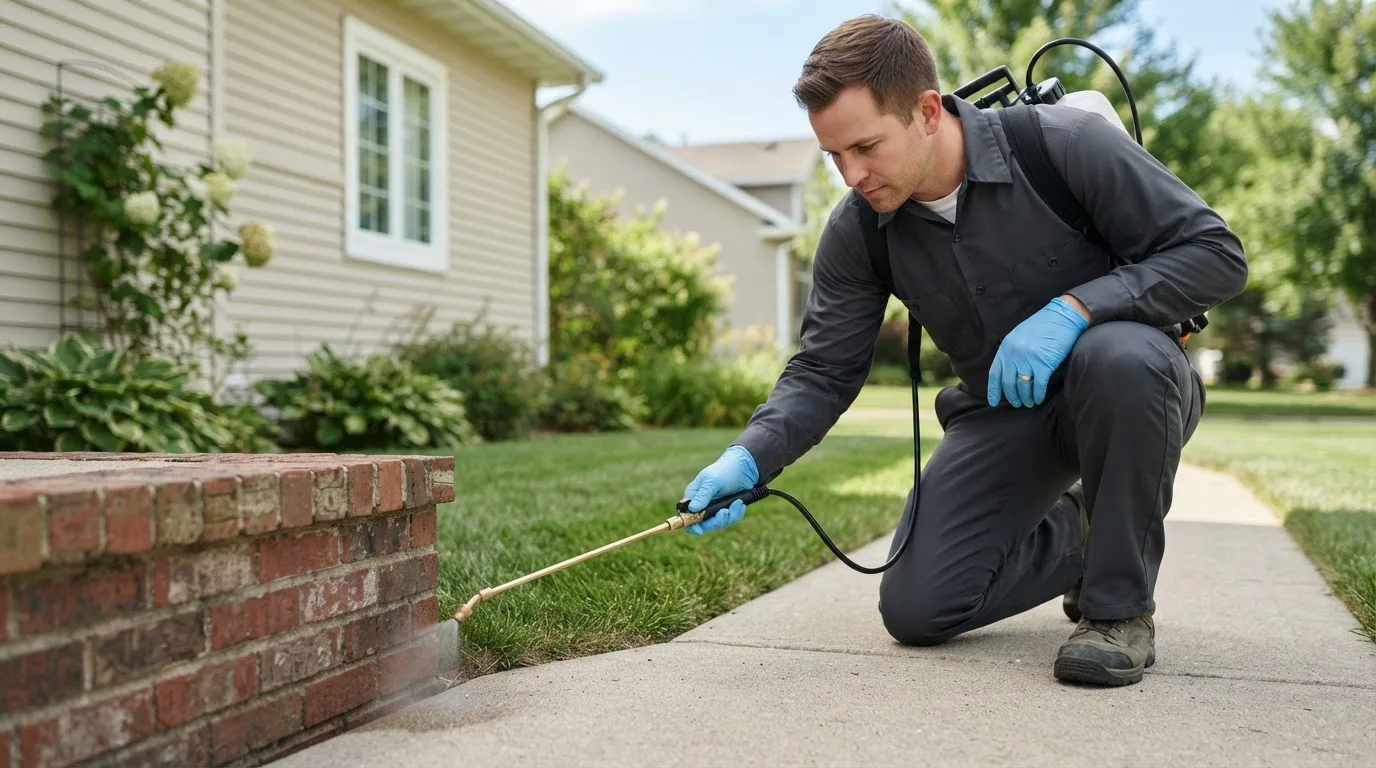 Pest control technician treating a home near Pocatello, ID